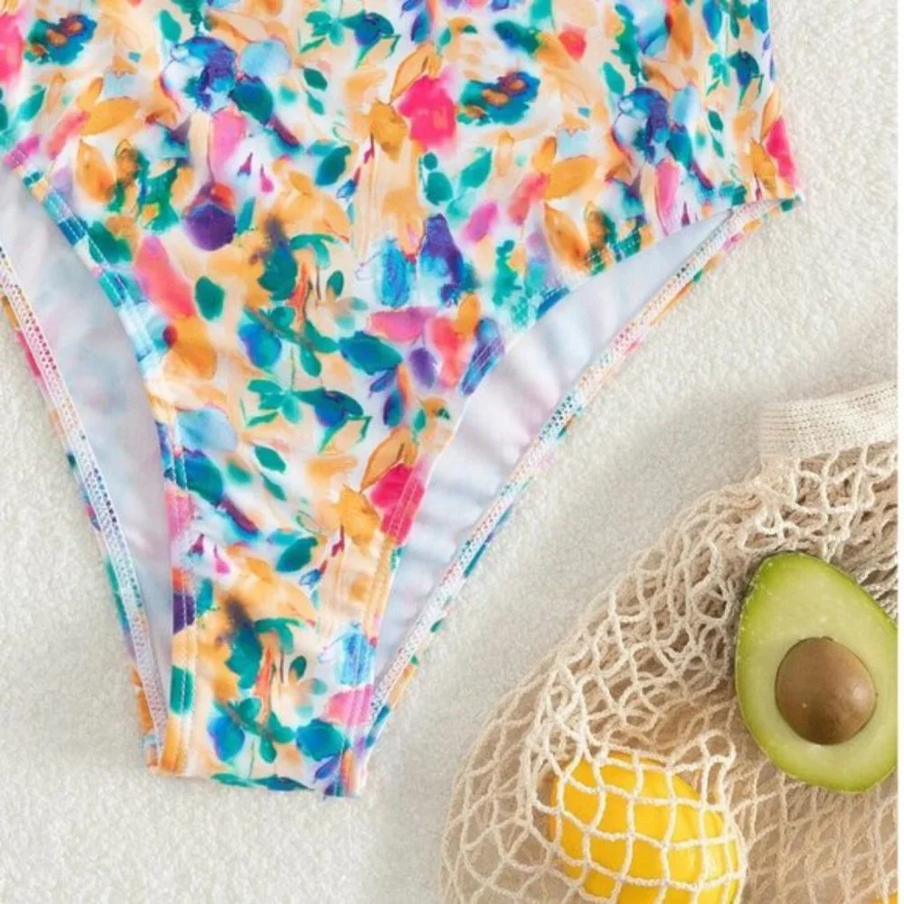 Floral Print Ruched Bust Bandeau One Piece Swimsuit Bathing Suit - Picture 4 of 5